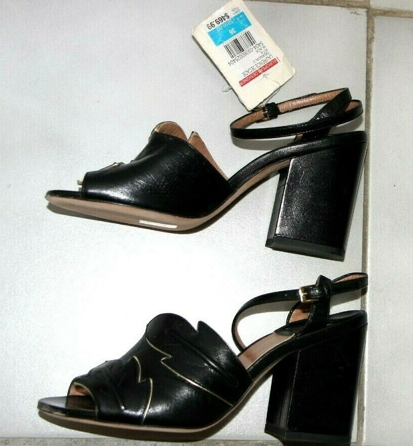 LAURENCE DACADE Rita Embossed Black Gold 3.5″ Heel Sandals sz US 6/IT 36 $810