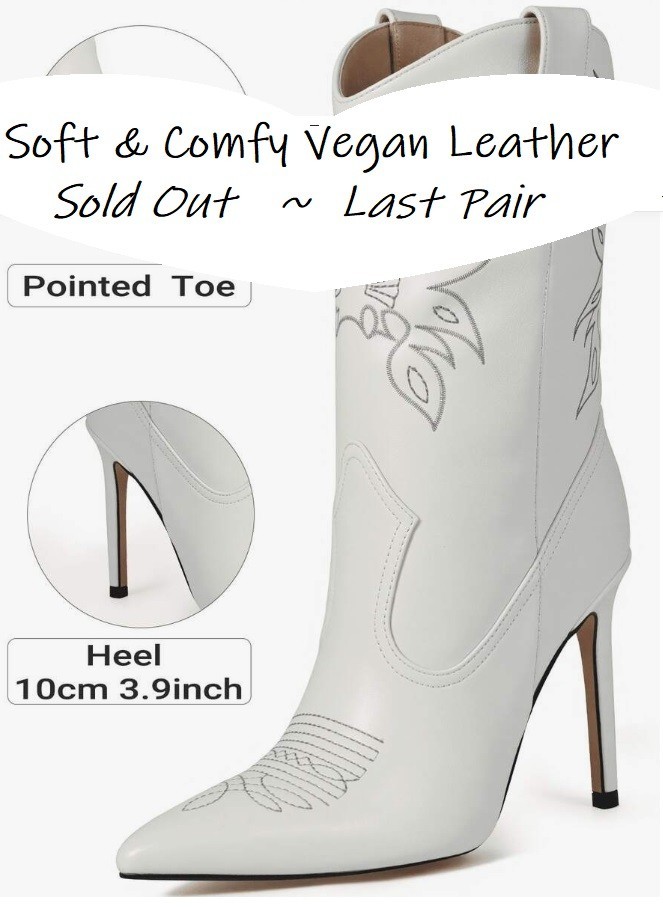 10 VEGAN LEATHER COWGIRL Boots WESTERN Embroidery Mid Calf STILETTO HIGH HEEL