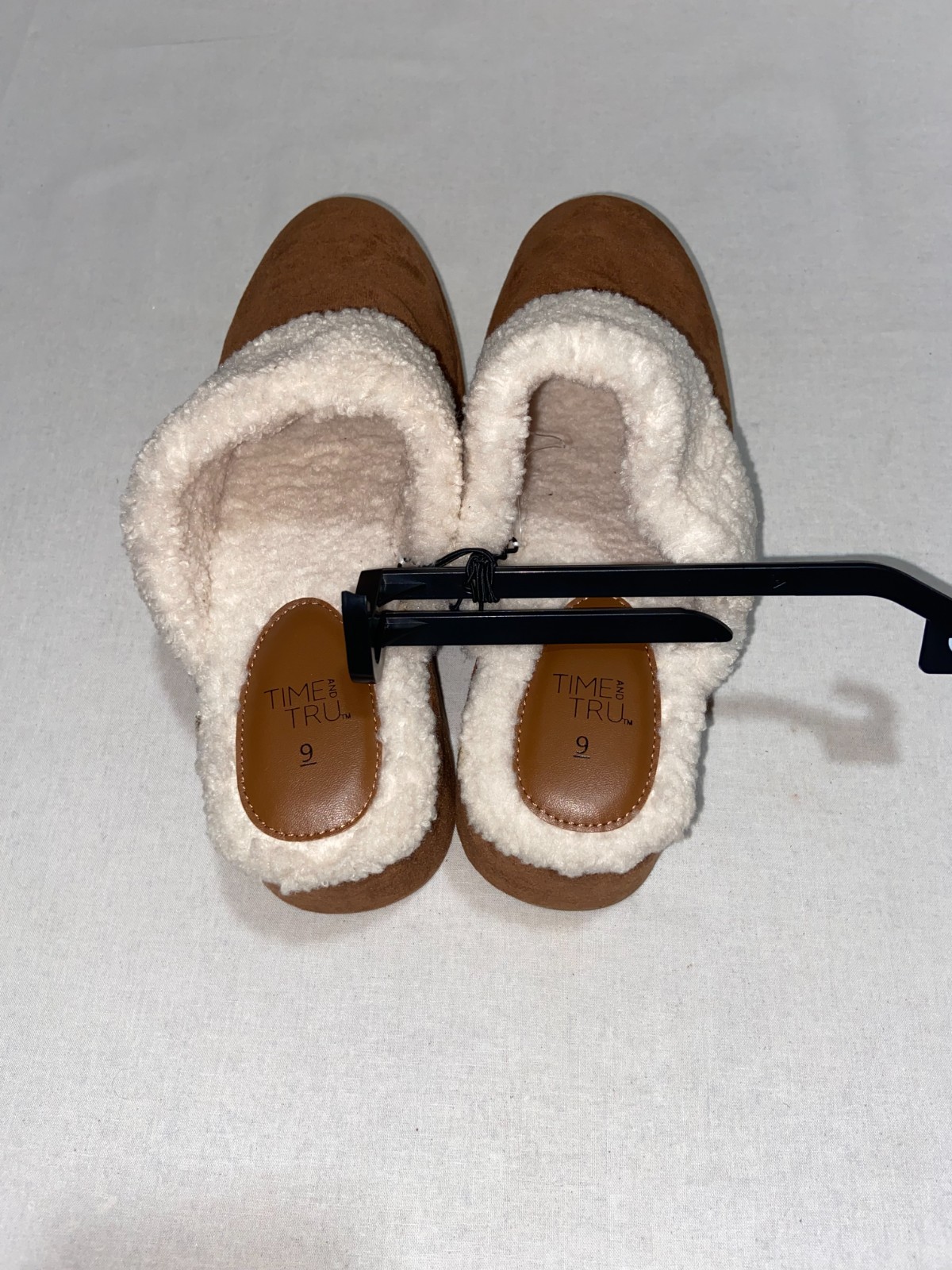 Time & Tru Women Wedge Clog Slippers Chestnut Brown Faux Shearling Platform NEW