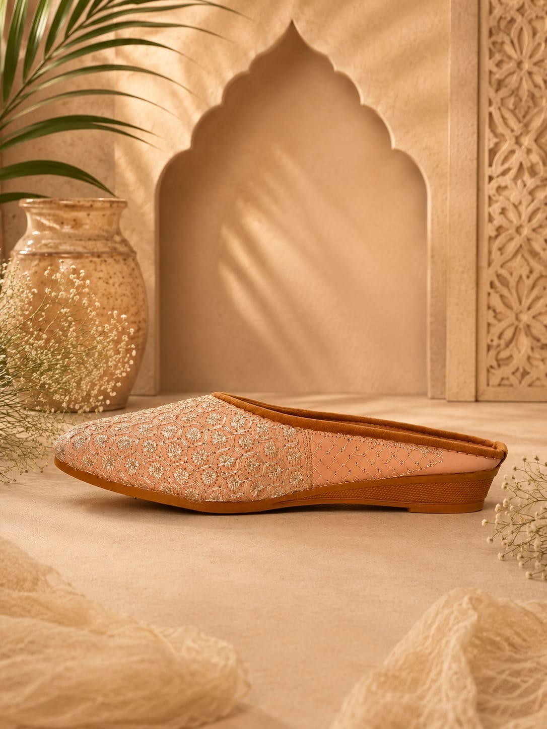 Women’s Pink Floral Embroidered Boho Mule Flats Slip On Ethnic Jutti Shoes