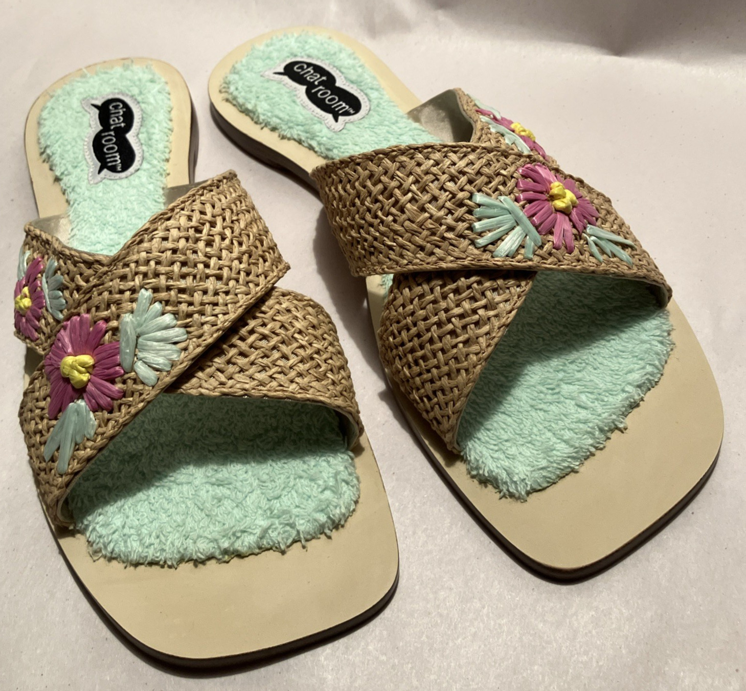 Vtg New In Box Chat Room Womens 8M Floral Raffia Terrycloth Insole Slide Sandals