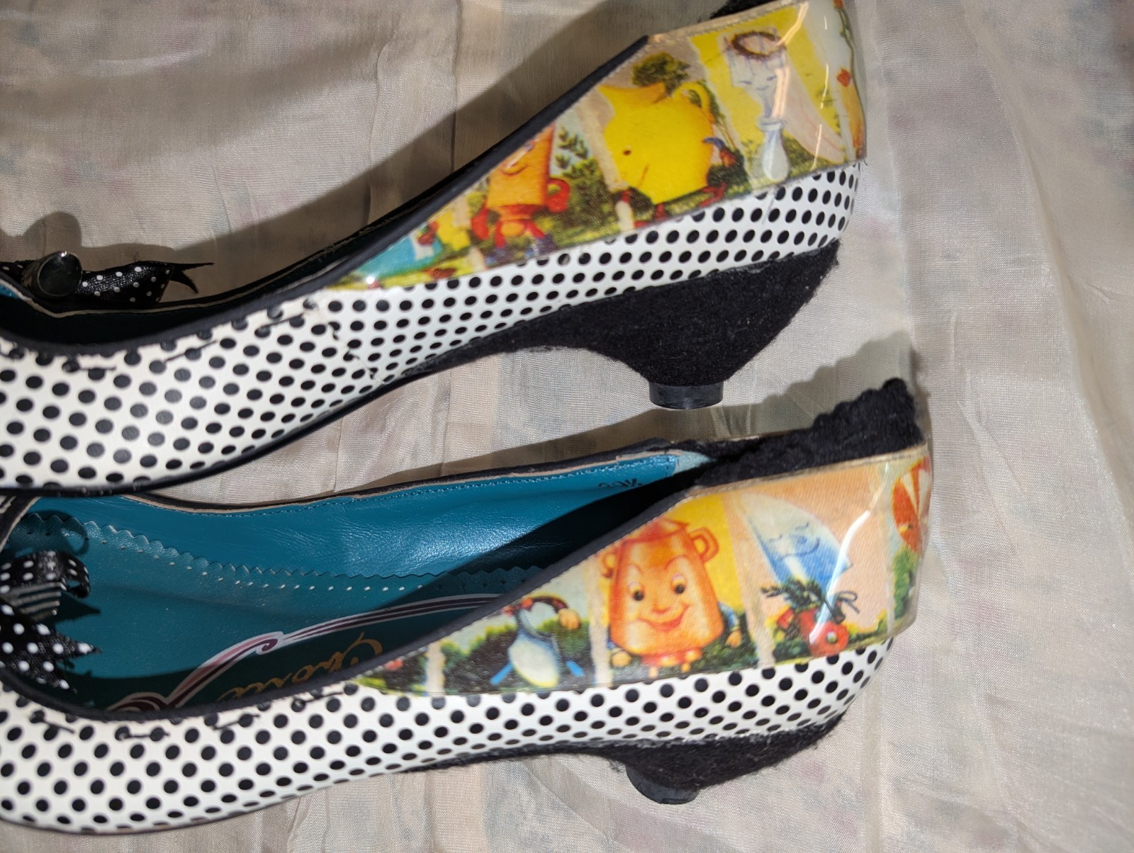 Black White Polka Dot Spoon Teapots Kitten Heels Irregular Choice 8.5-9