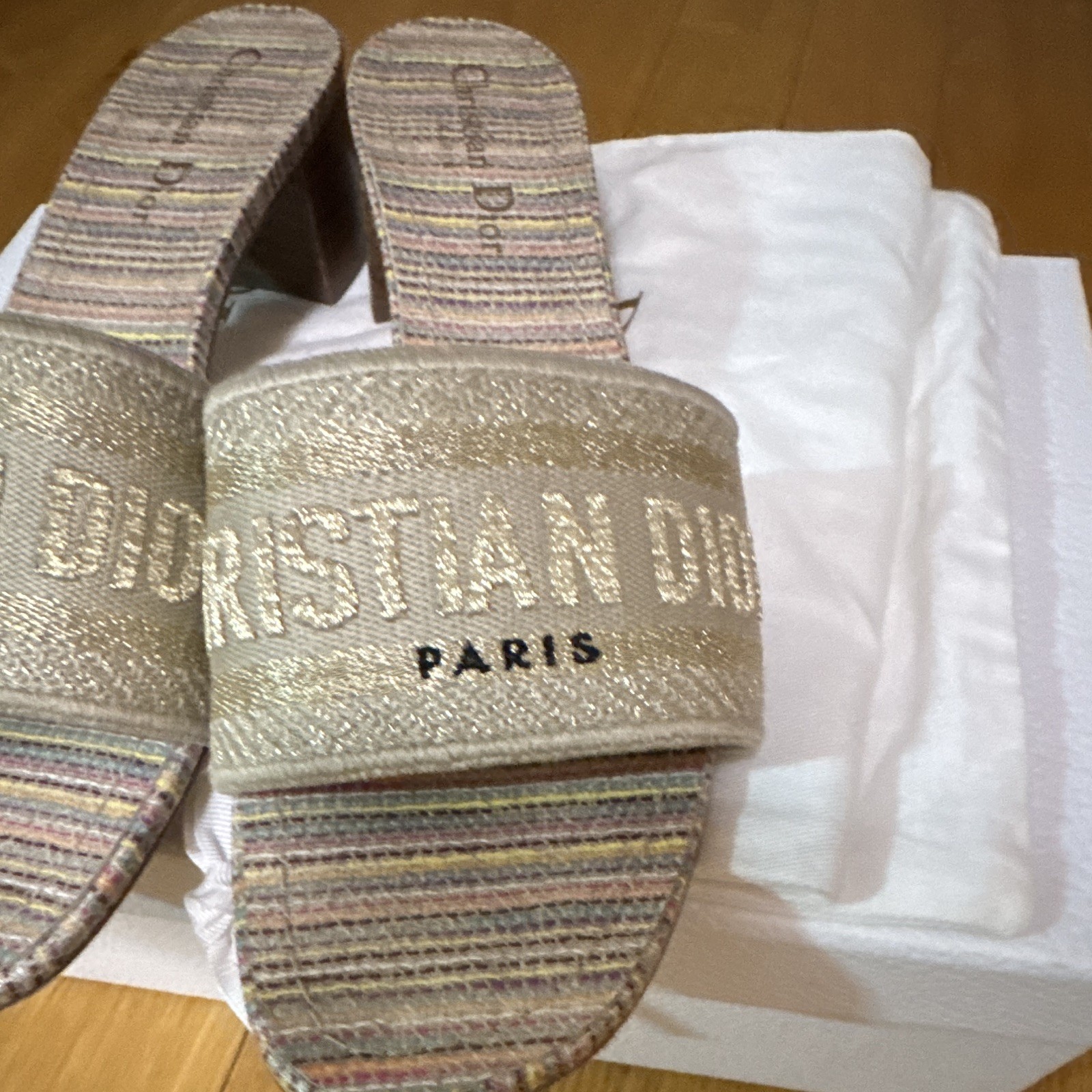 Christian Dior Women’s Gold Logo Striped Fabric Slip On Slide Sandals US 8.5