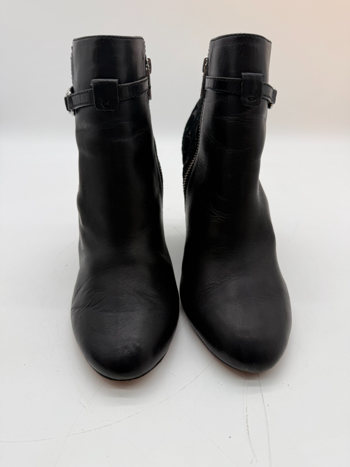 Coach Safira Black Leather Signature Heel Wedge Booties Shoes A4146 Size 9B