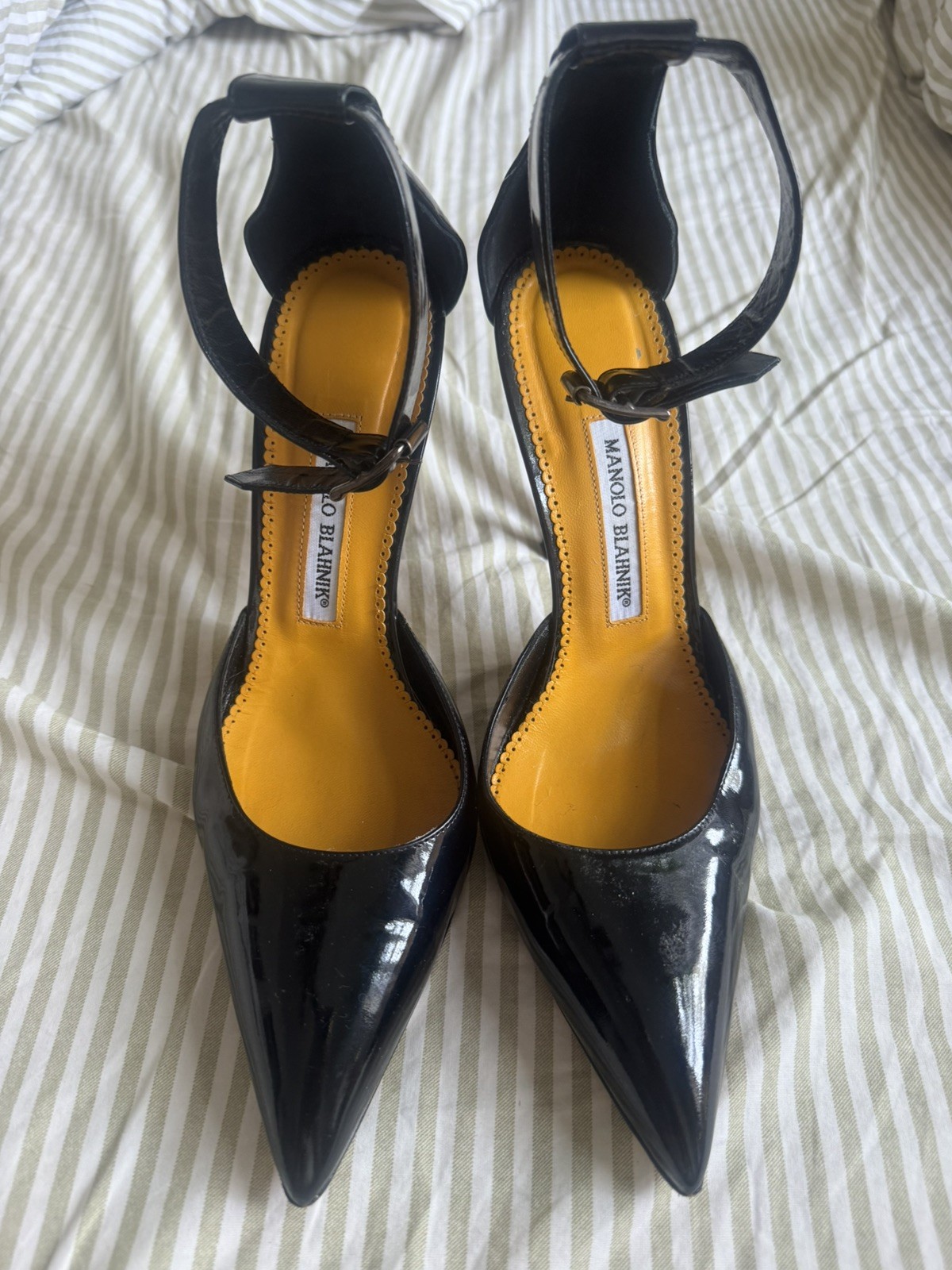 Manolo Blahnik Heels Womens Size 39.5 Eu 9 Us Black Leather Ankle Strap Pump