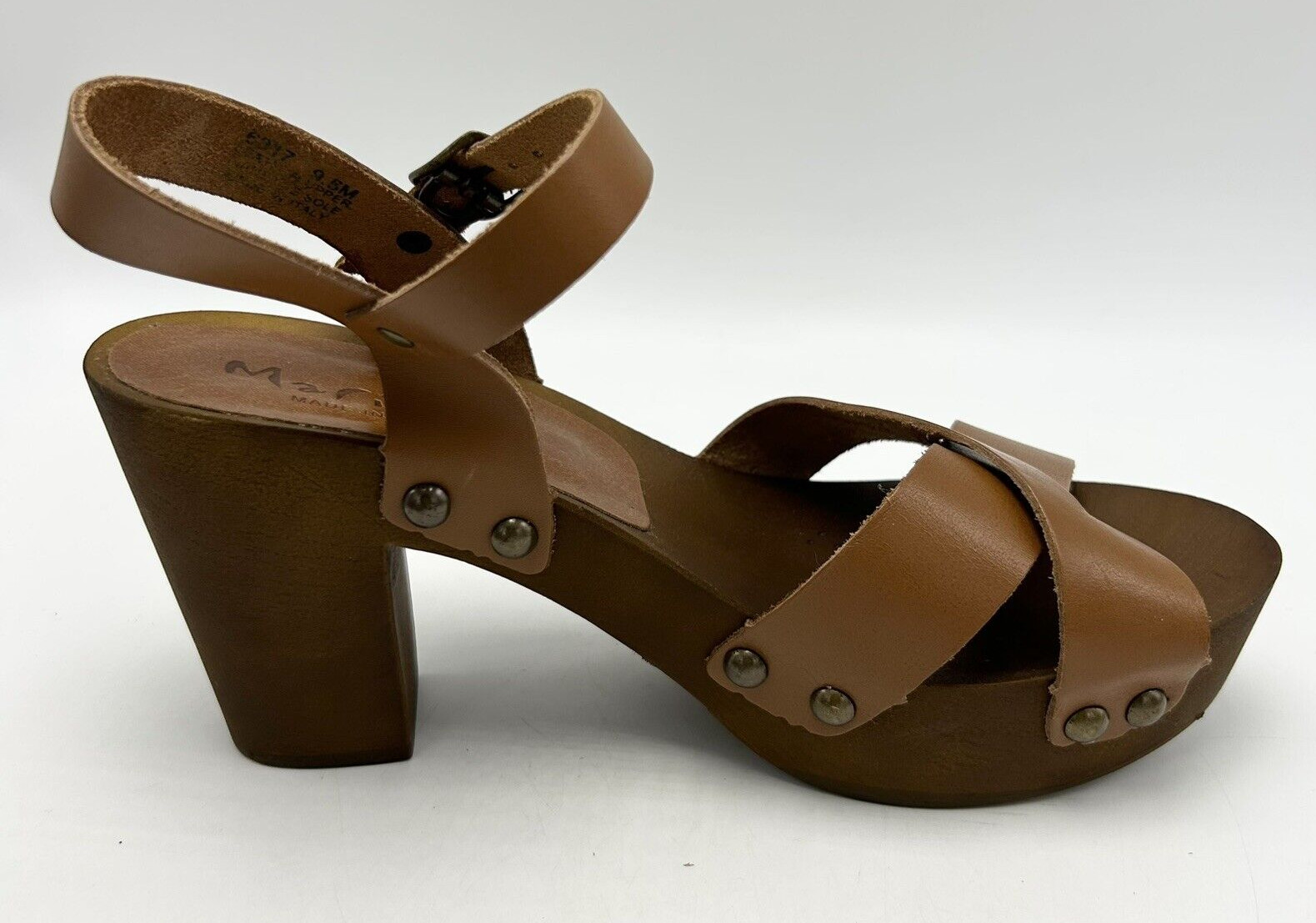 Mariella Sandals Womens 9.5 M Brown Leather Block Heels Wood Look Made in Italy