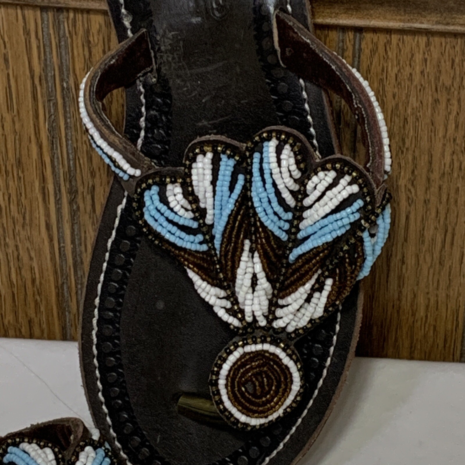 Hand Tooled Leather Sandals Thong Flip Flop Seed Bead Bohemian Size 37 US 6.5