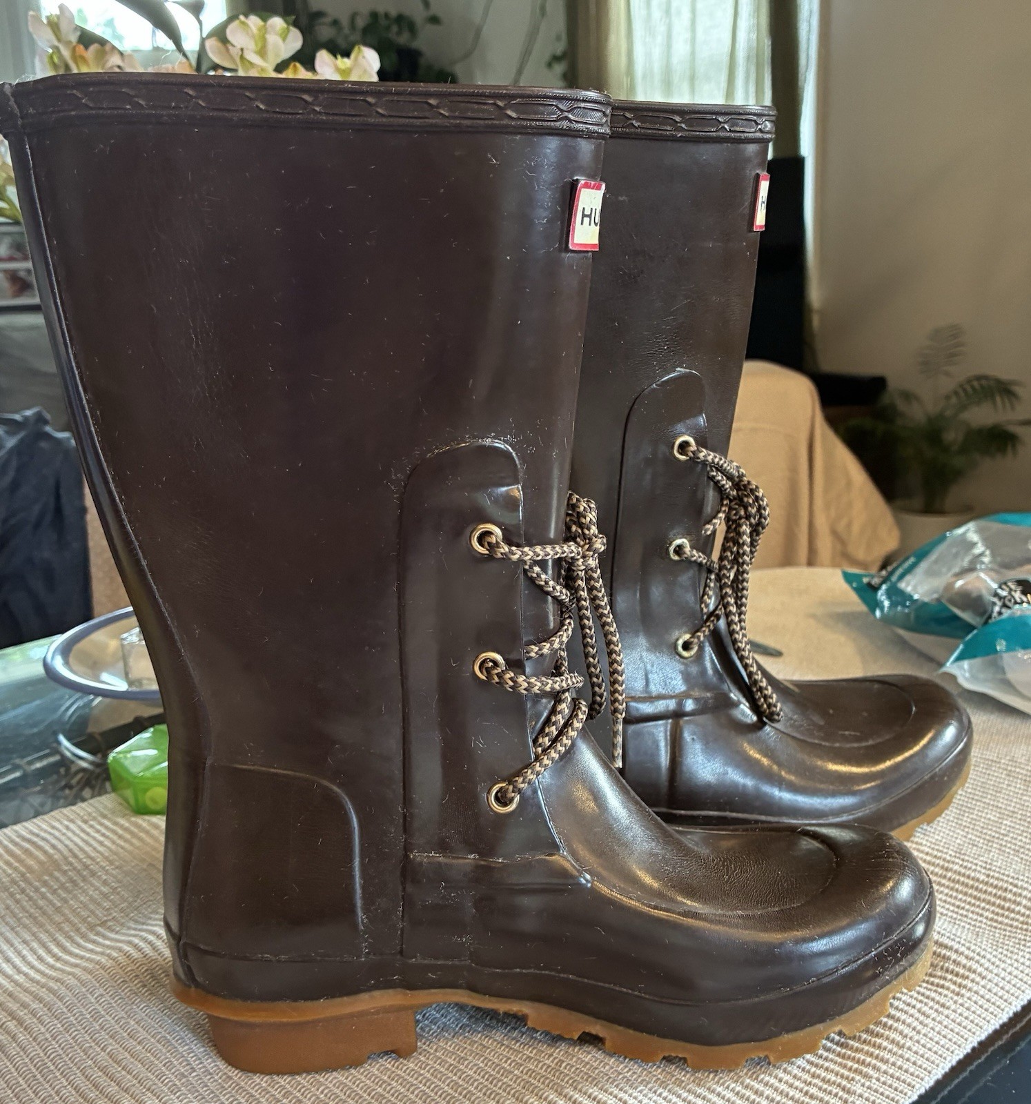 Hunter Brown Knee High Lace Up Rubber Rain Boots Waterproof Women’s US 5