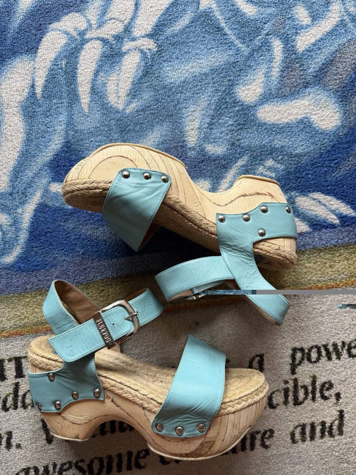 John Fluevog Rushmore Platform Mary Janes Clog Sandal Women’s 8 Blue Buckle Wood