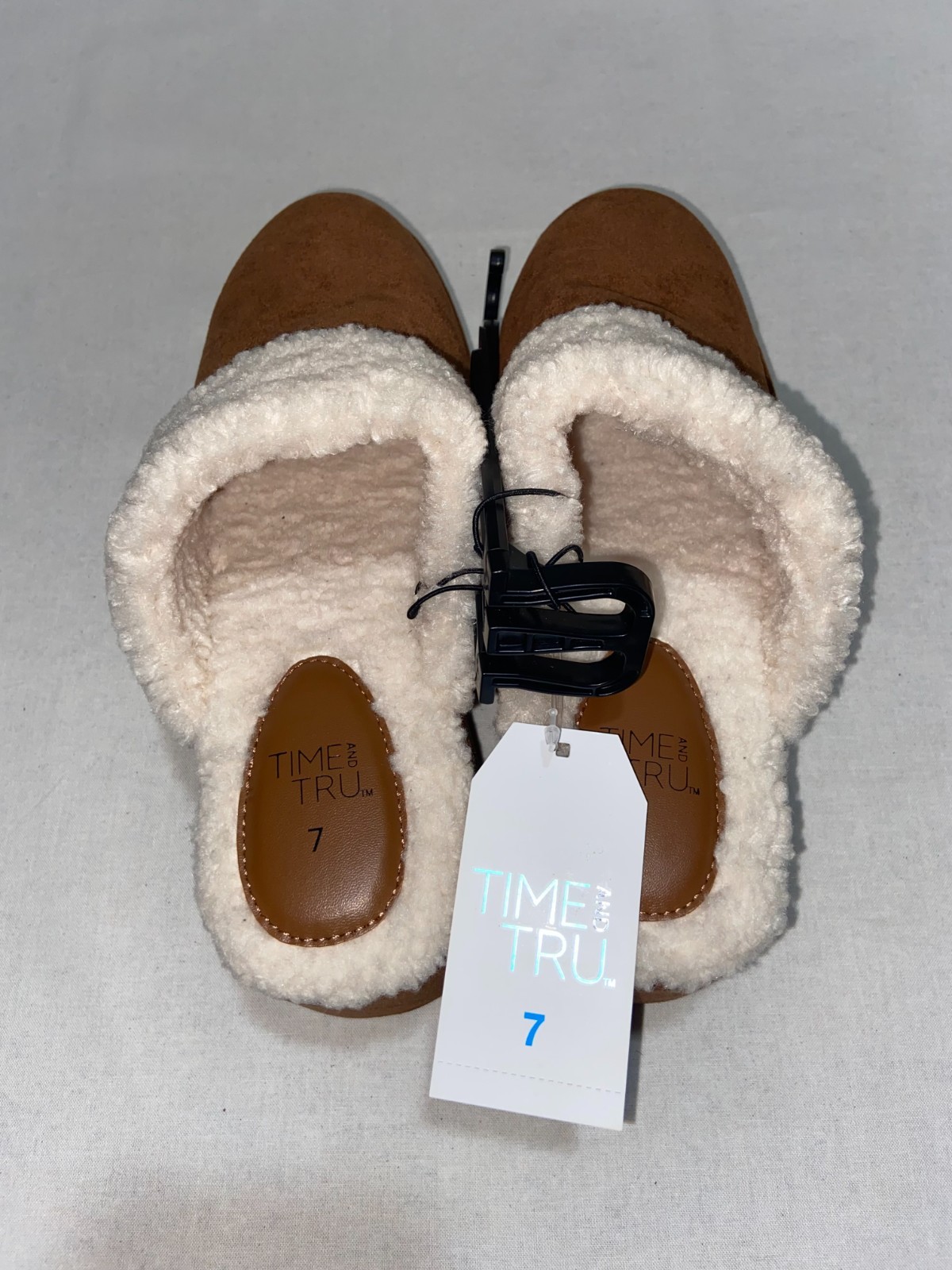 Time & Tru Women Wedge Clog Slippers Chestnut Brown Faux Shearling Platform NEW