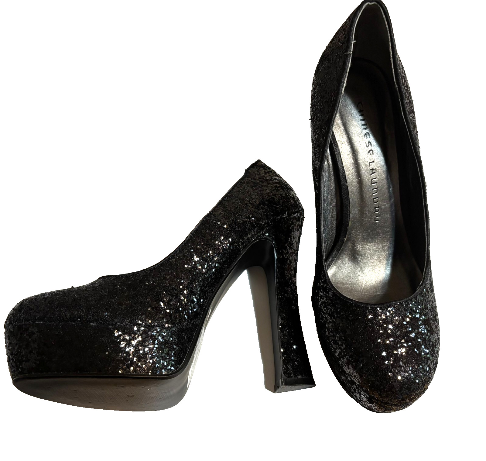 Chinese Laundry Black Glitter Stiletto Platform Heels that are 5»-Size 7M».