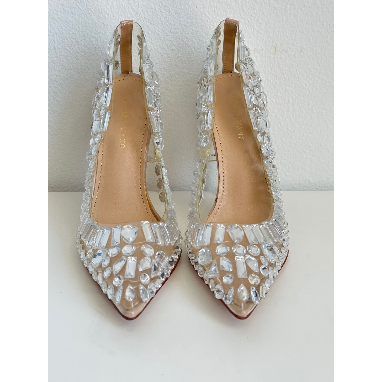 Azalea Wang Crystal Embellished Clear PVC Pointed Toe Stiletto Pumps Tan SZ 7.5