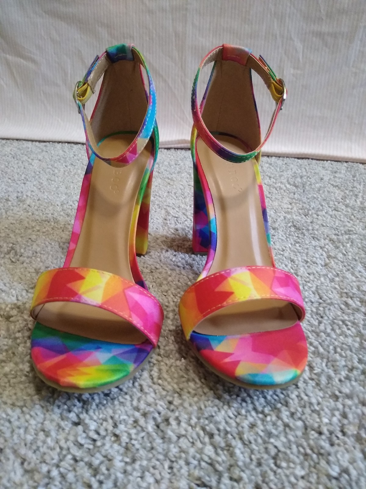 Y2K High Heels Rainbow Chunky Heels Sandals Textured Fabric Vintage Heels NIB 7