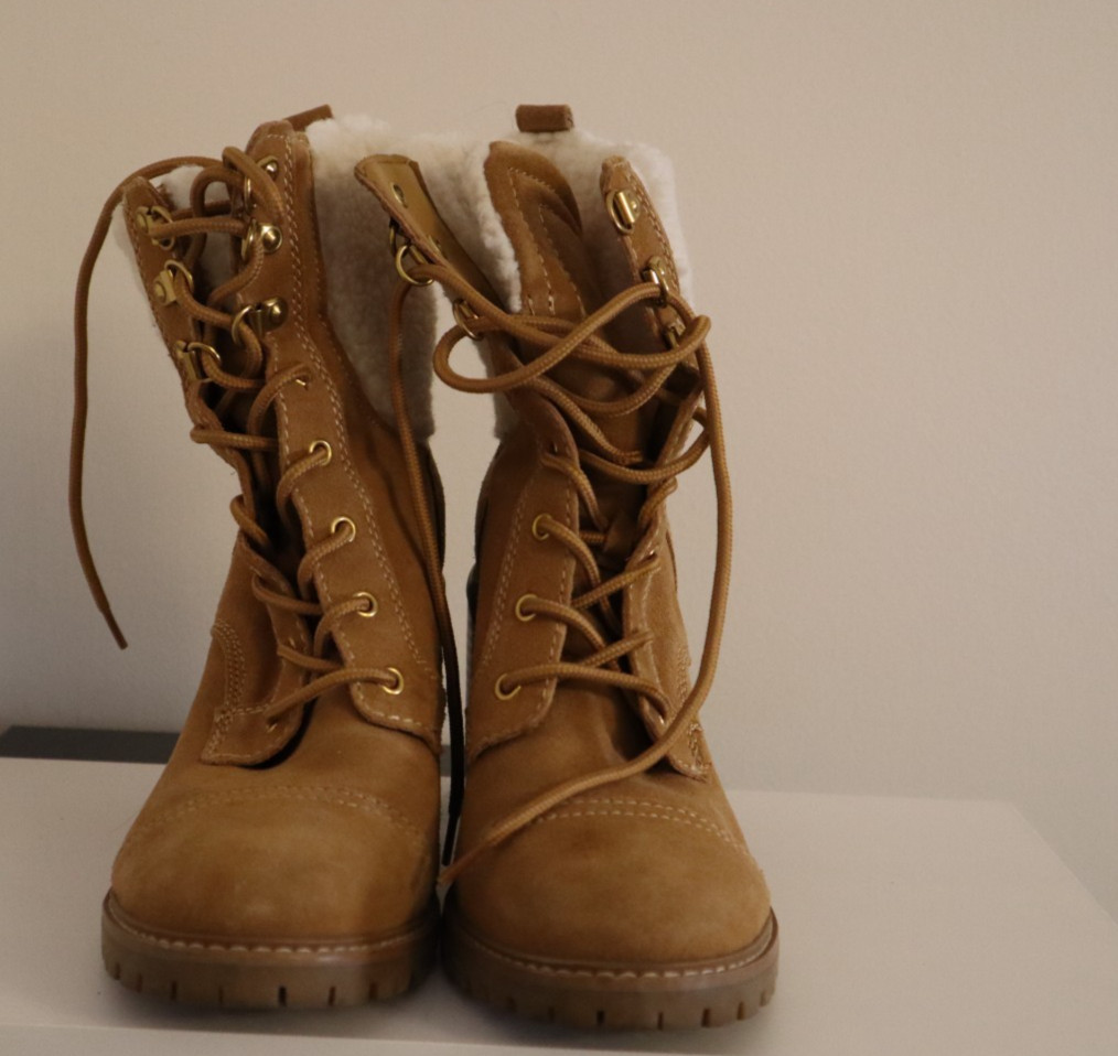 NINE WEST Boots 8 M Phaedra Lace-Up Suede Block High Heel Combat Natural Brown