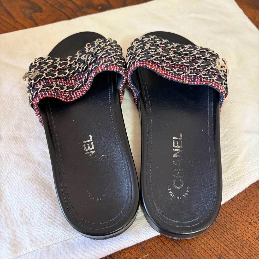 CHANEL Sandals Size 38 24cm Leather CC Logo Chain Design Pre-Owned