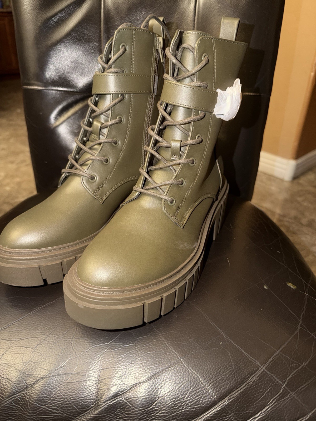 Green Faux Leather Combat Ankle Boots Lace Up Chunky Lug Sole Zip US 9