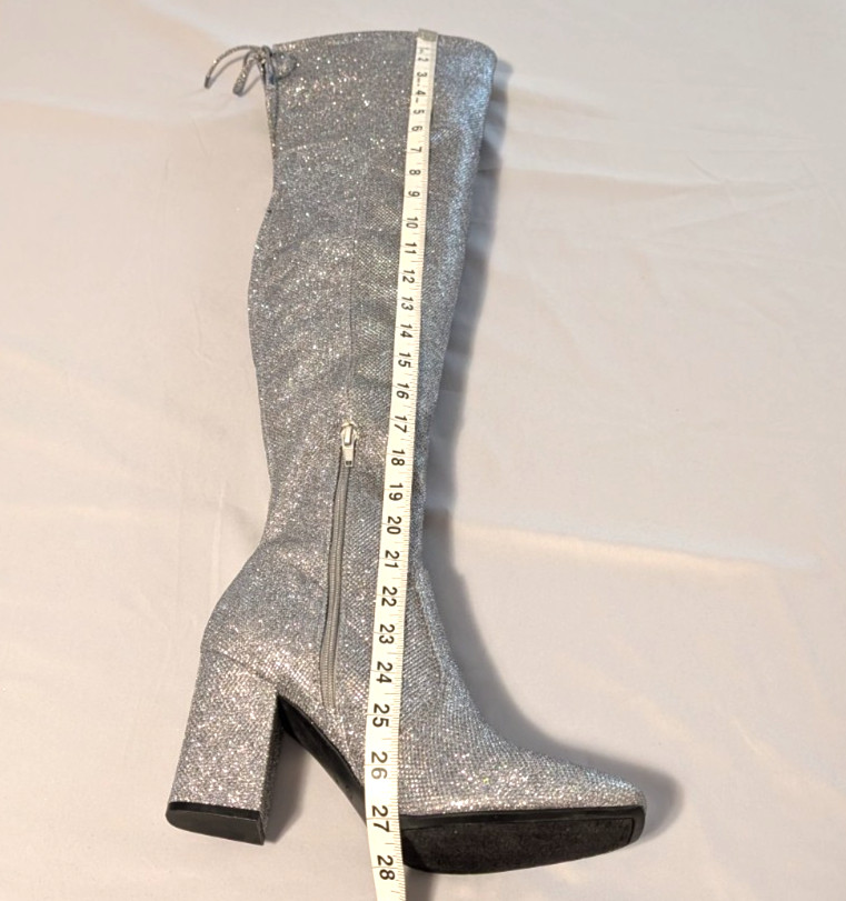 Unisa Over Knee Boots Womens Size 9M Sparkly Silver Block Heel Party Statement