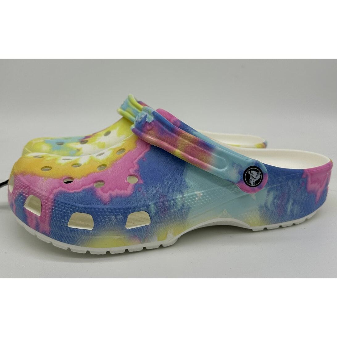 Crocs Shoes Unisex Men 9 Women 11 Yellow Multi Tie Dye Clogs Graphic Slip-On NEW