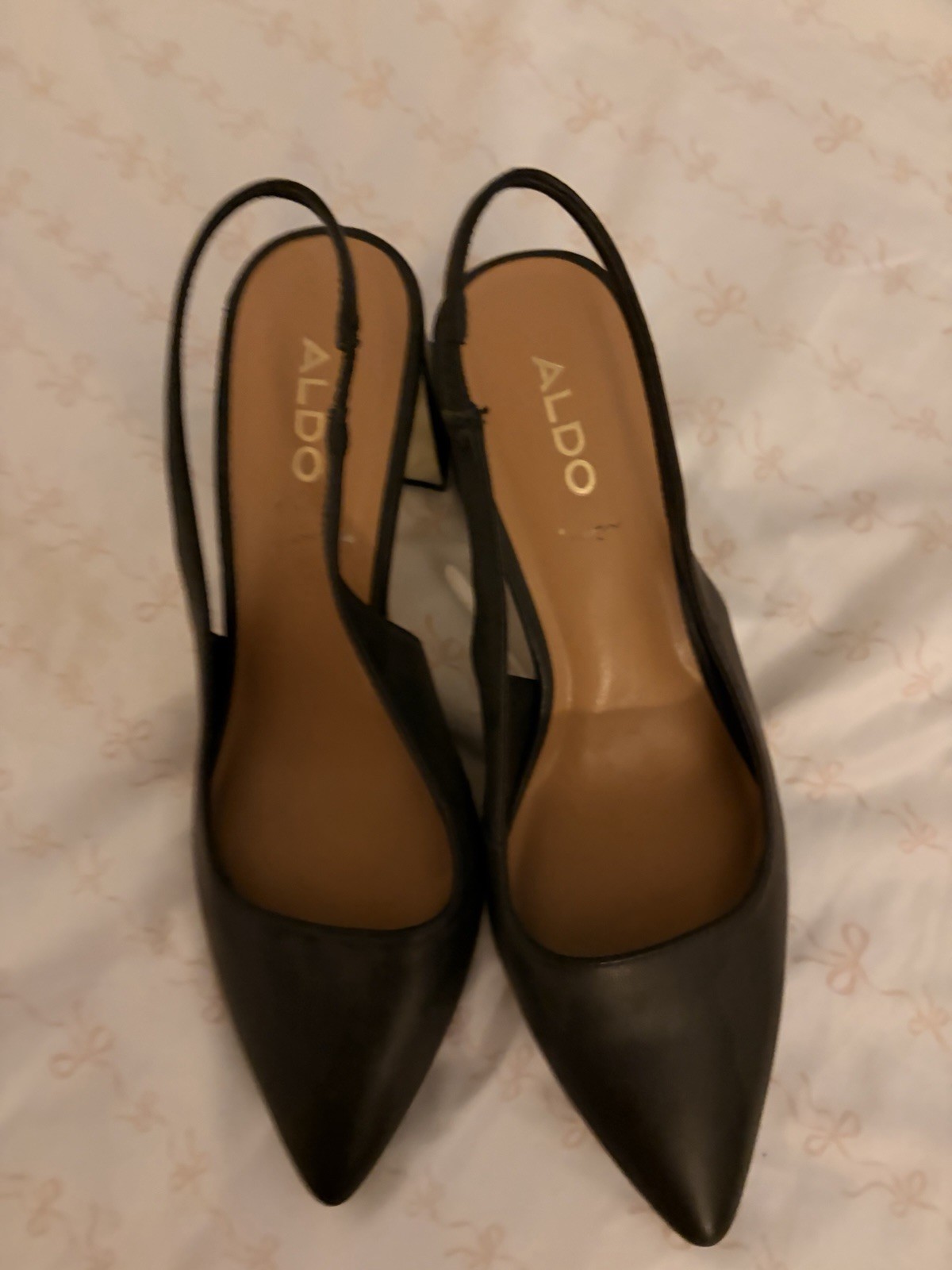 ALDO Women’s Black Pointed Toe Slingback Block Heel Buckle Faux/Patent 5