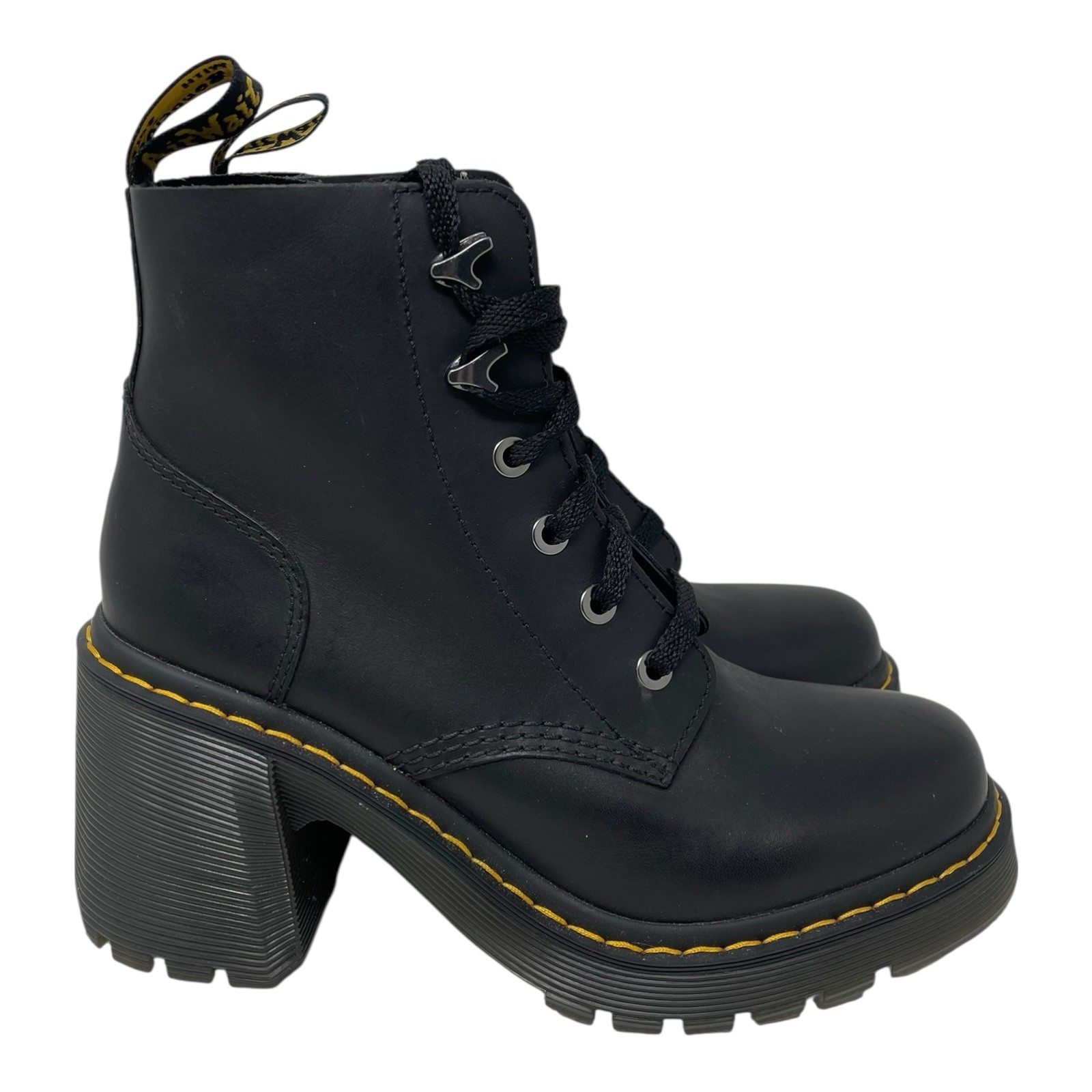 Dr Martens Doc’s Jesy Black Leather Lace-Up Block Heel Combat Boots US 9 L