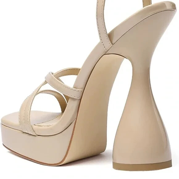 Viviany Square Toe Platform Sandals Nude Chunky Block Heel Ankle Strap 8.5 NEW
