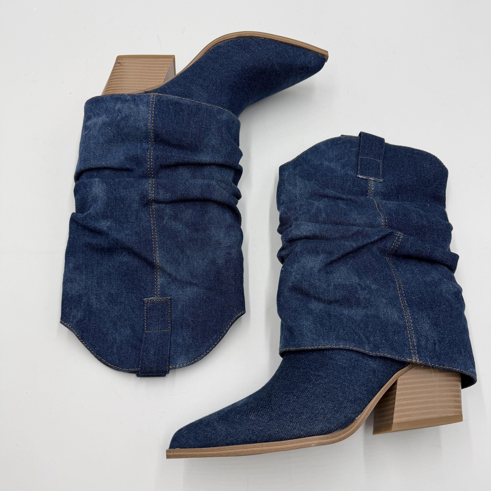 Nine West Wilton Boots Women’s Size 9.5, Blue Denim Western Mid Calf Block Heel
