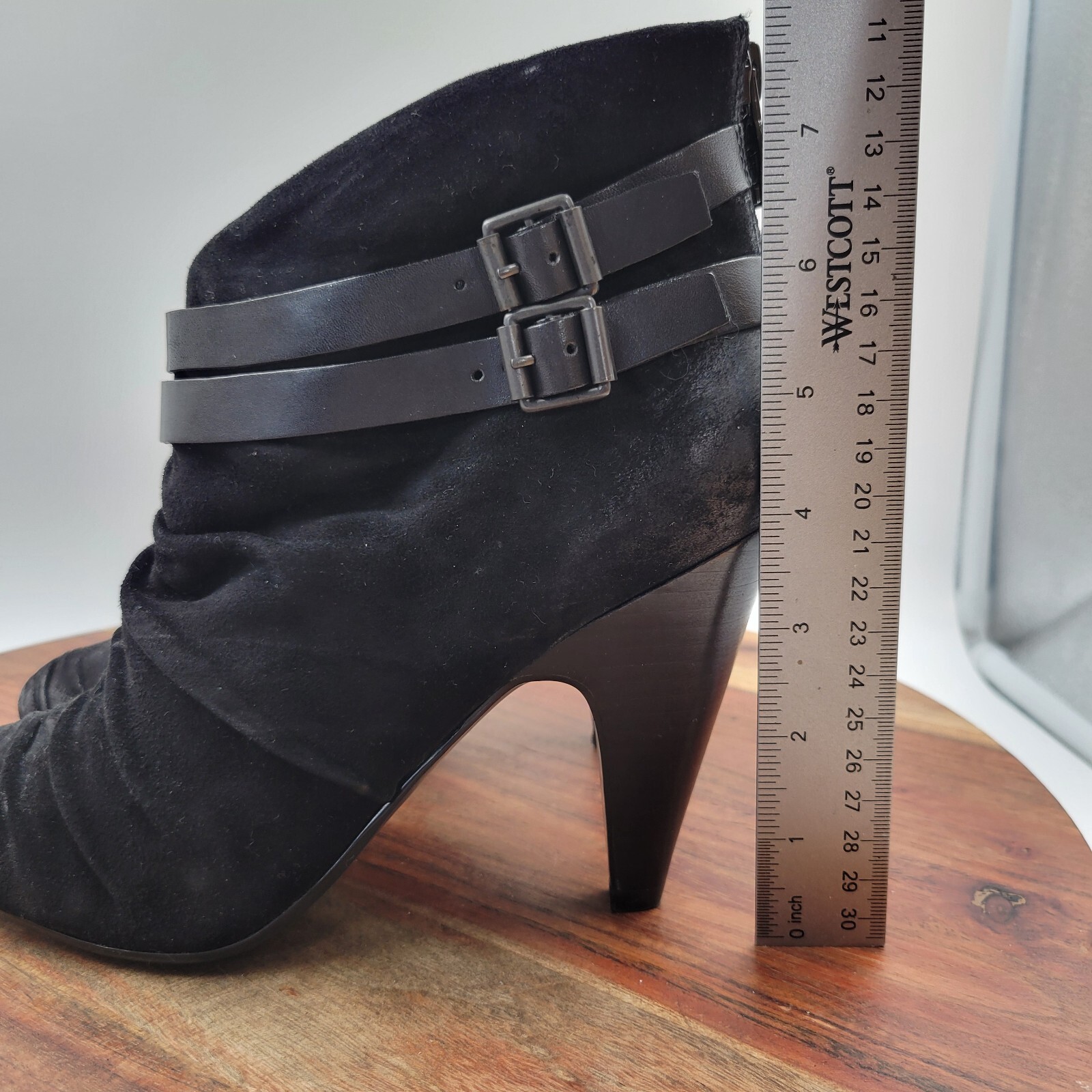 ASH Ankle Boots Womens 40 / 9.5 Black Suede Buckle Strap Heel Pointed Zip Bootie