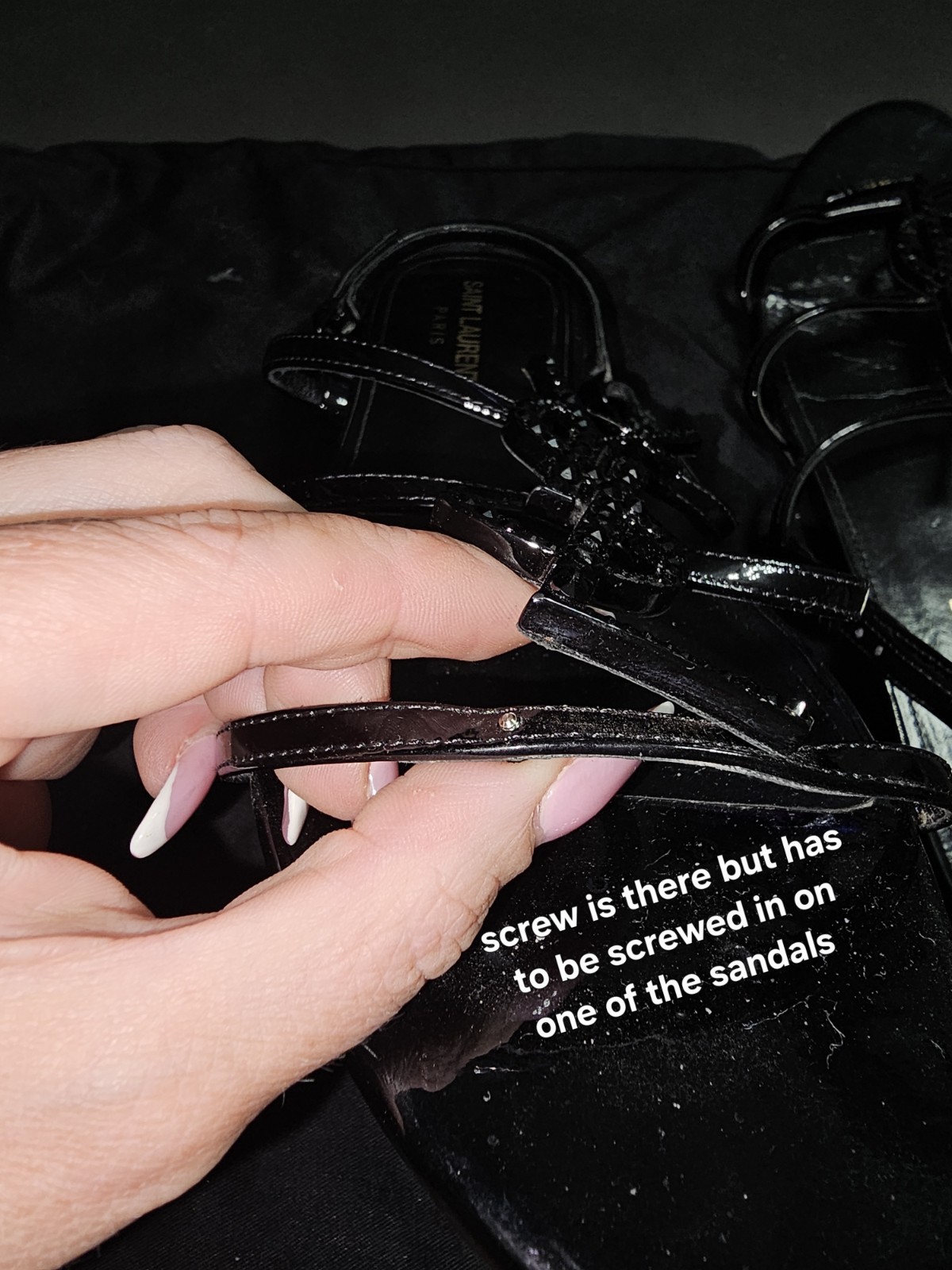 YSL SAINT LAURENTCassandra Flat Sandals in BLACK Patent Leather With CRYSTALS