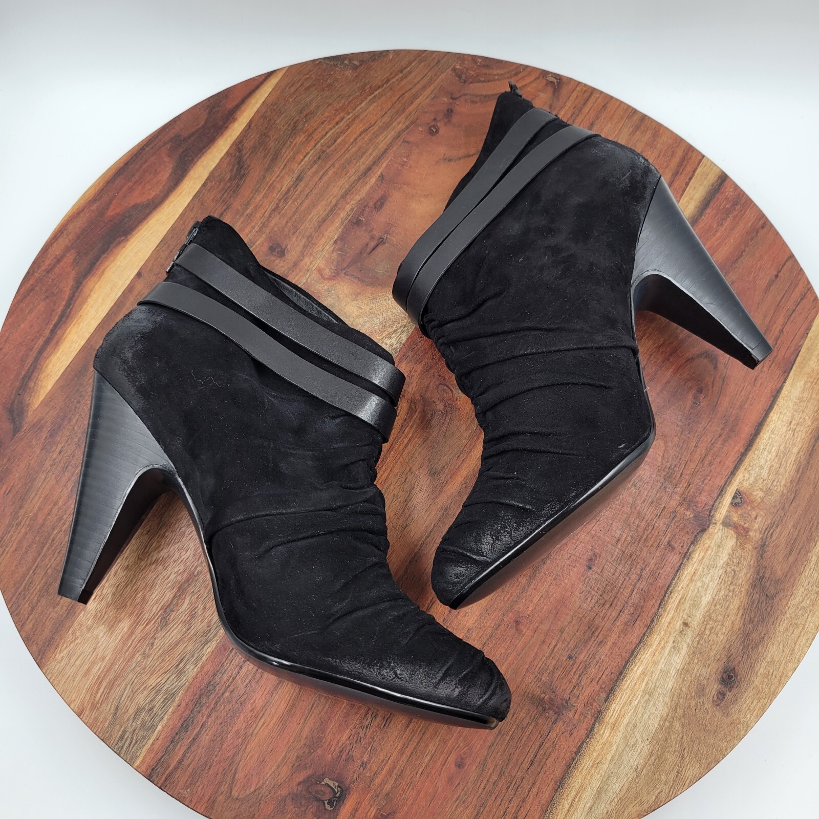 ASH Ankle Boots Womens 40 / 9.5 Black Suede Buckle Strap Heel Pointed Zip Bootie