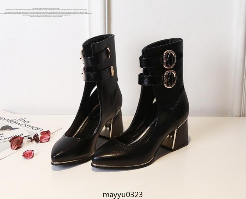 Womens Pointy Toe Mid Block Heel Sandals Hollow Out Buckle Ankle Boots Oversize
