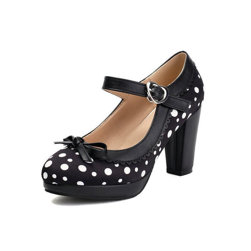 Fashion Women’s Polka Dot Lolita Mary Jane High Heels Casual Formal Party Shoes