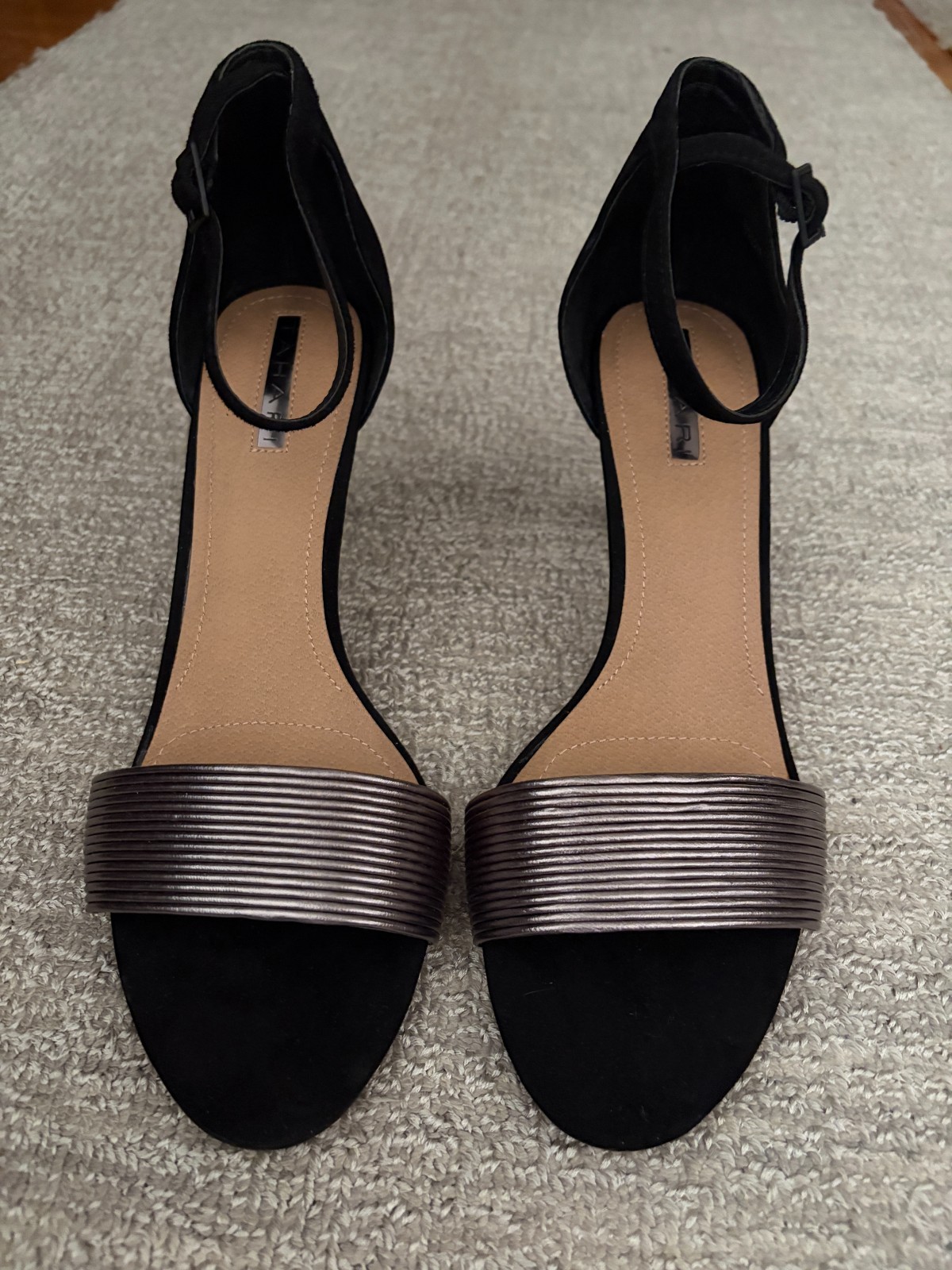 Tahari womens shoes black sued and gunmetal straps, size 9.5 Brand new