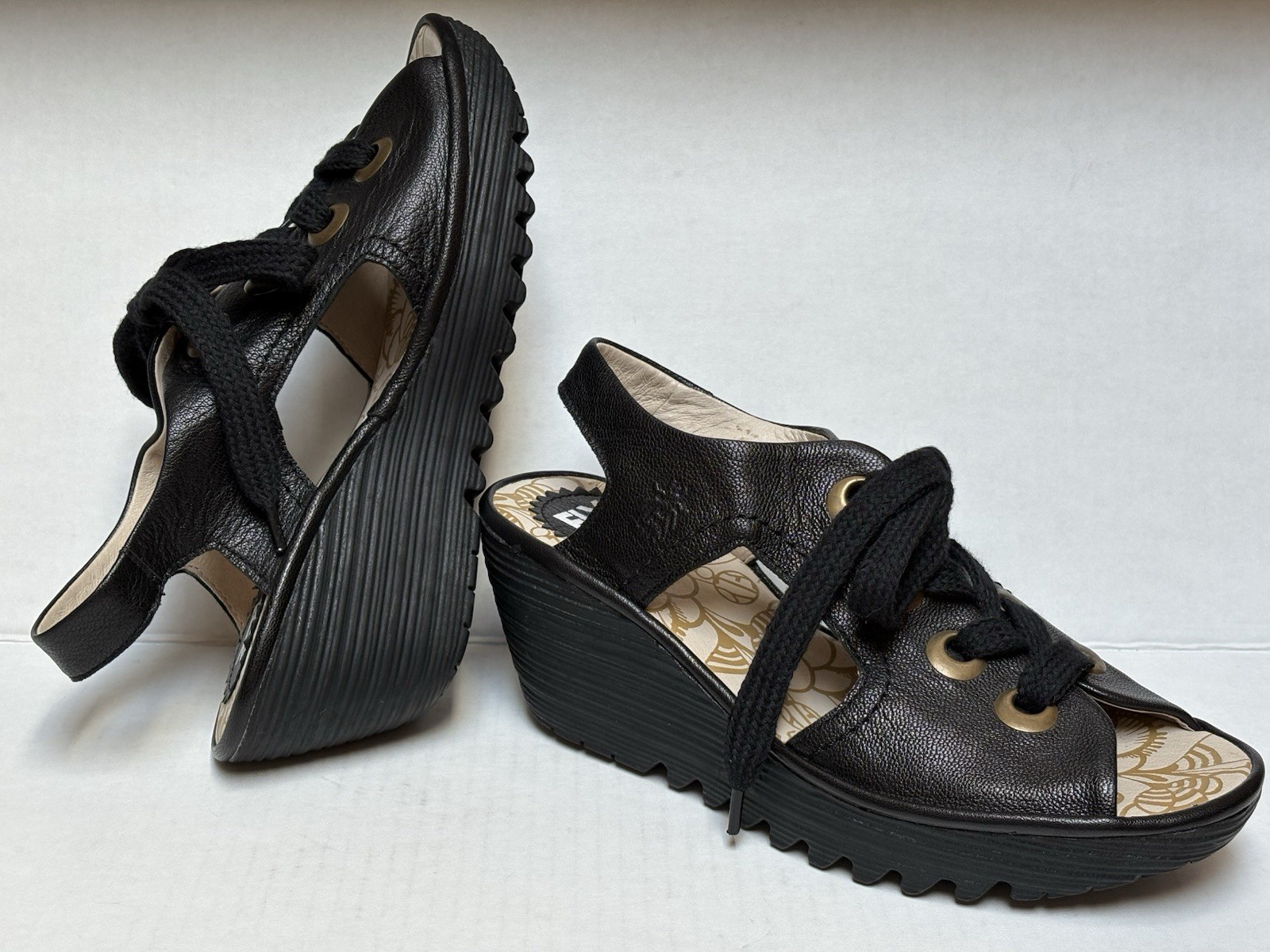 FLY London YLVA Women’s 38/7.5M Blk Leather Lace Up Wedge Slingback Sandals ~NEW