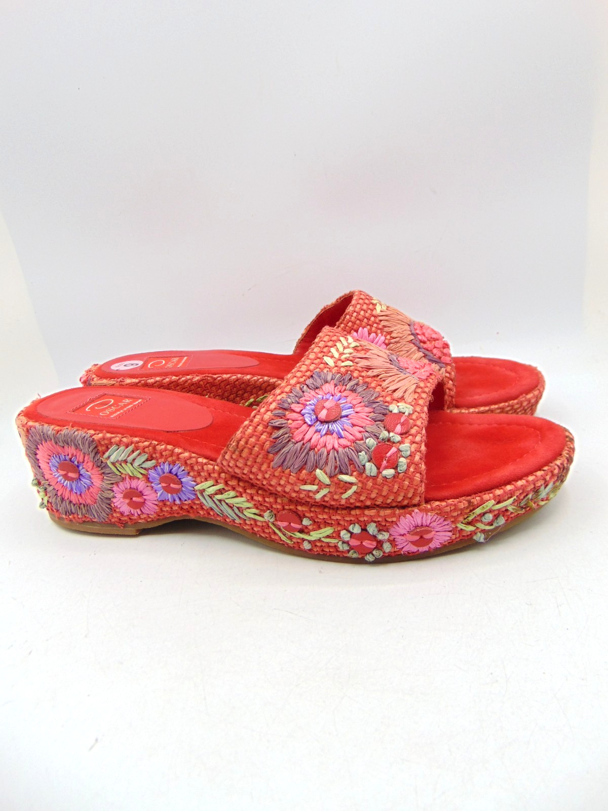 OSCAR DE LA RENTA O-Anne Coral Raffia Woven Embroidered Platform Sandals 9M