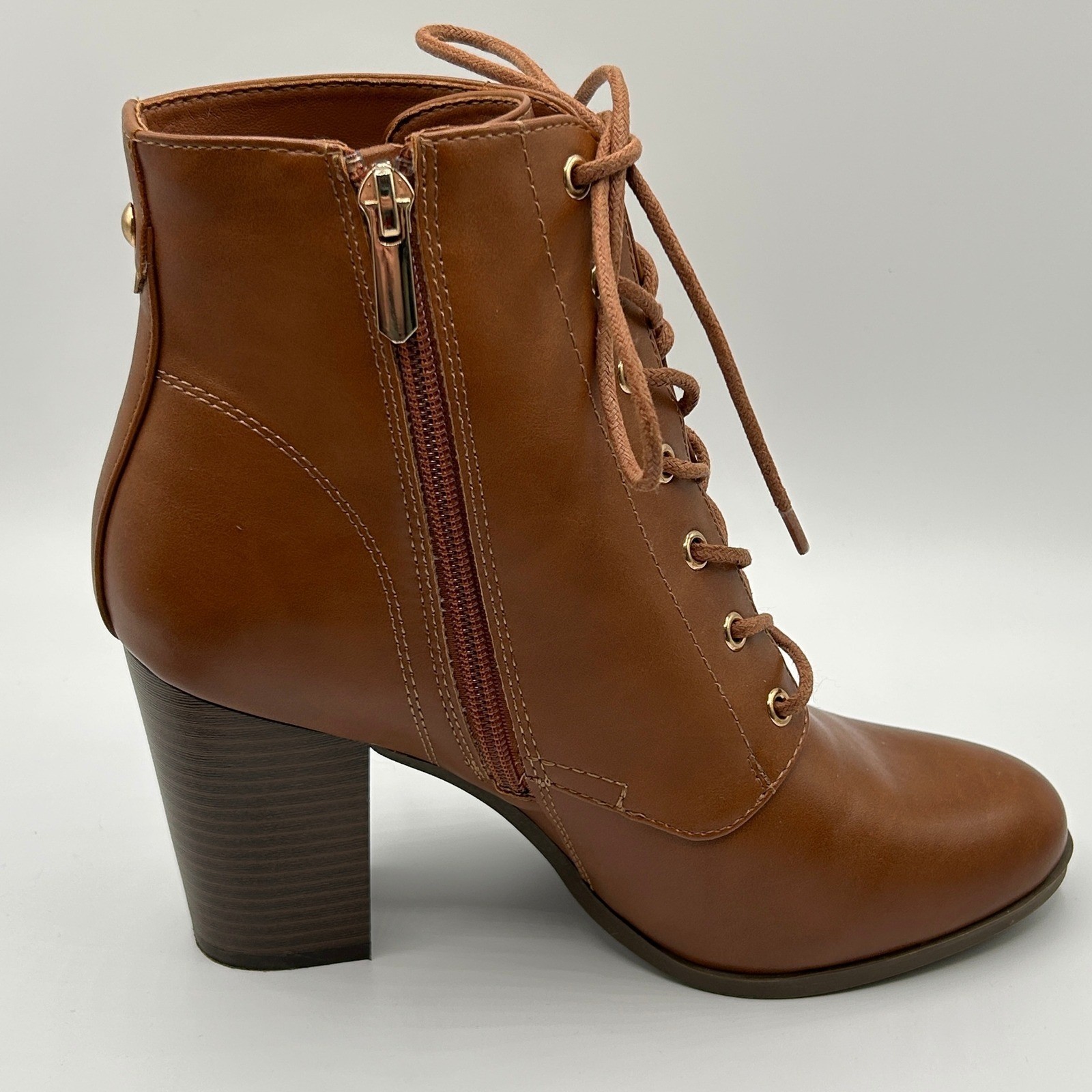 XAPPEAL Karen Lace Up Ankle Boots Block Heel Brown Faux Leather 8.5M Fall