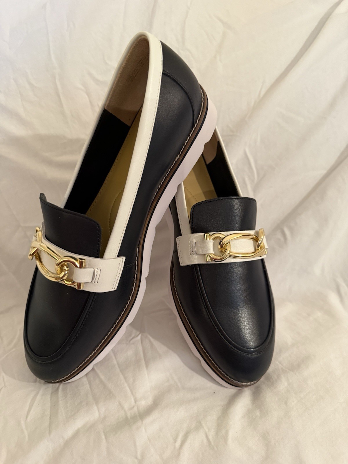 Talbots Navy Blue White Leather Platform Loafers Shoes Gold Bit 10.5M NWOT