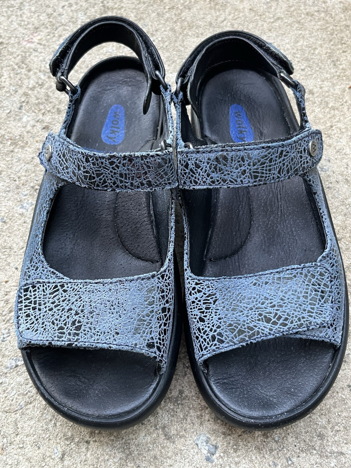 Wolky Rio Denim Blue Cracked Leather comfort low slingback wedge sandals 6 / 37