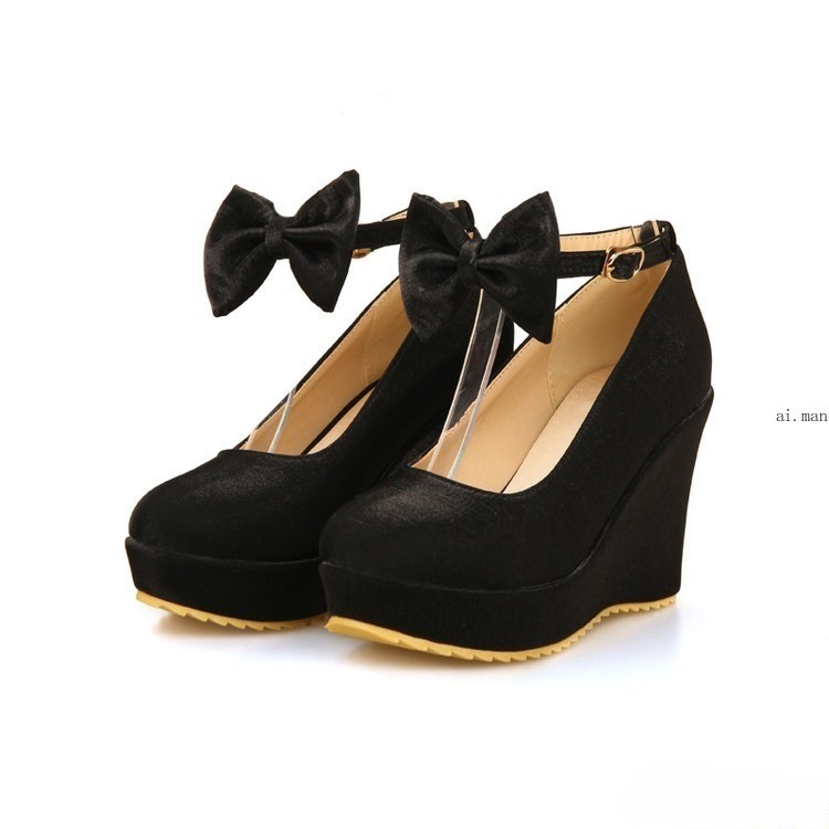 Women’s Round Toe Wedge Heeled Platform Wedding Shoes Bow Tied Shoes Pumps