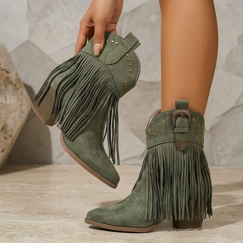 8 SAGE GREEN VEGAN SUEDE FRINGE COWGIRL BOOTIES WESTERN BUCKLE BLOCK HEEL BOOTS