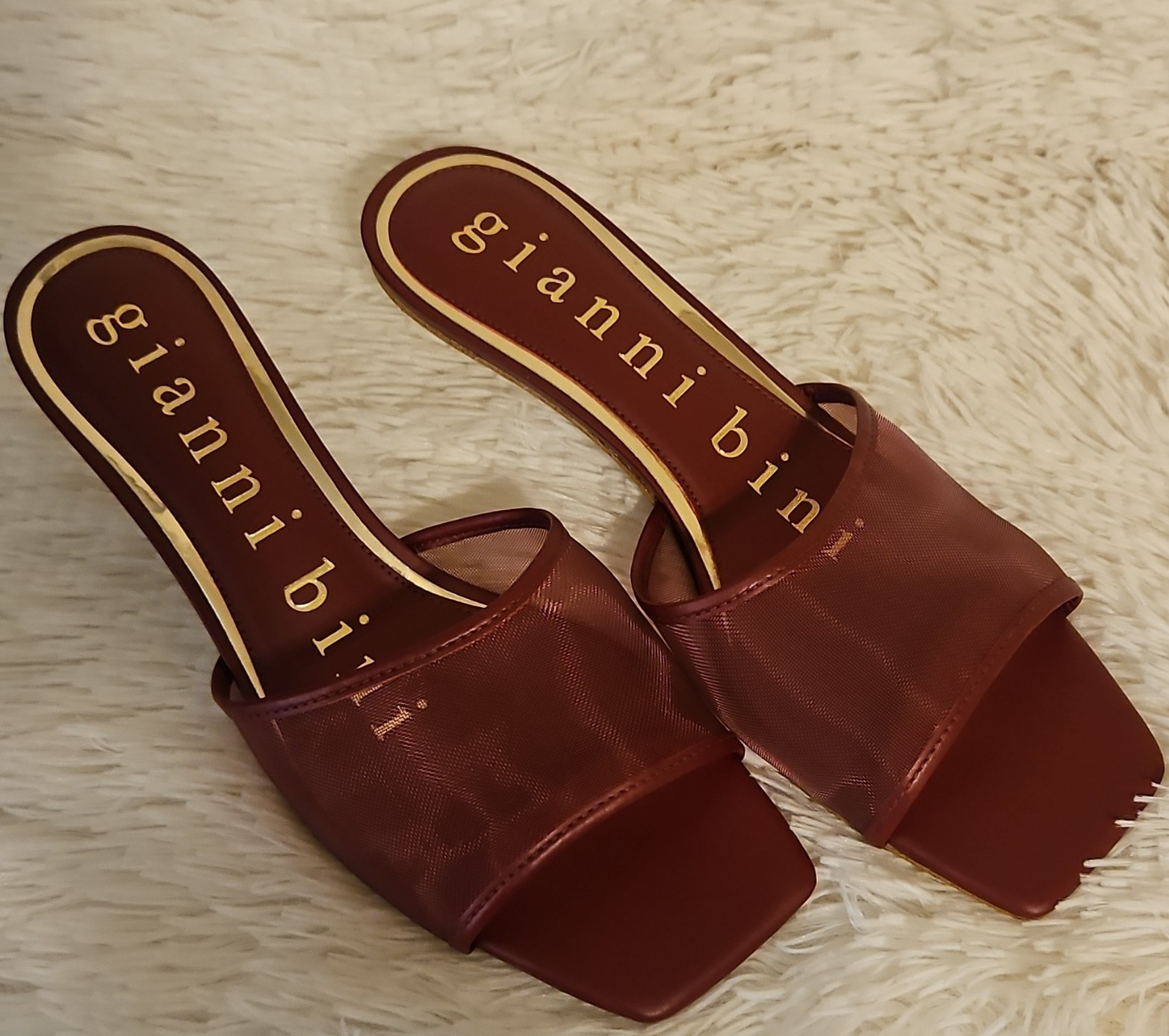 Gianni Bini Brown/Gold Metallic Leather Slide Sandals Open Toe Slip-On US 8.5
