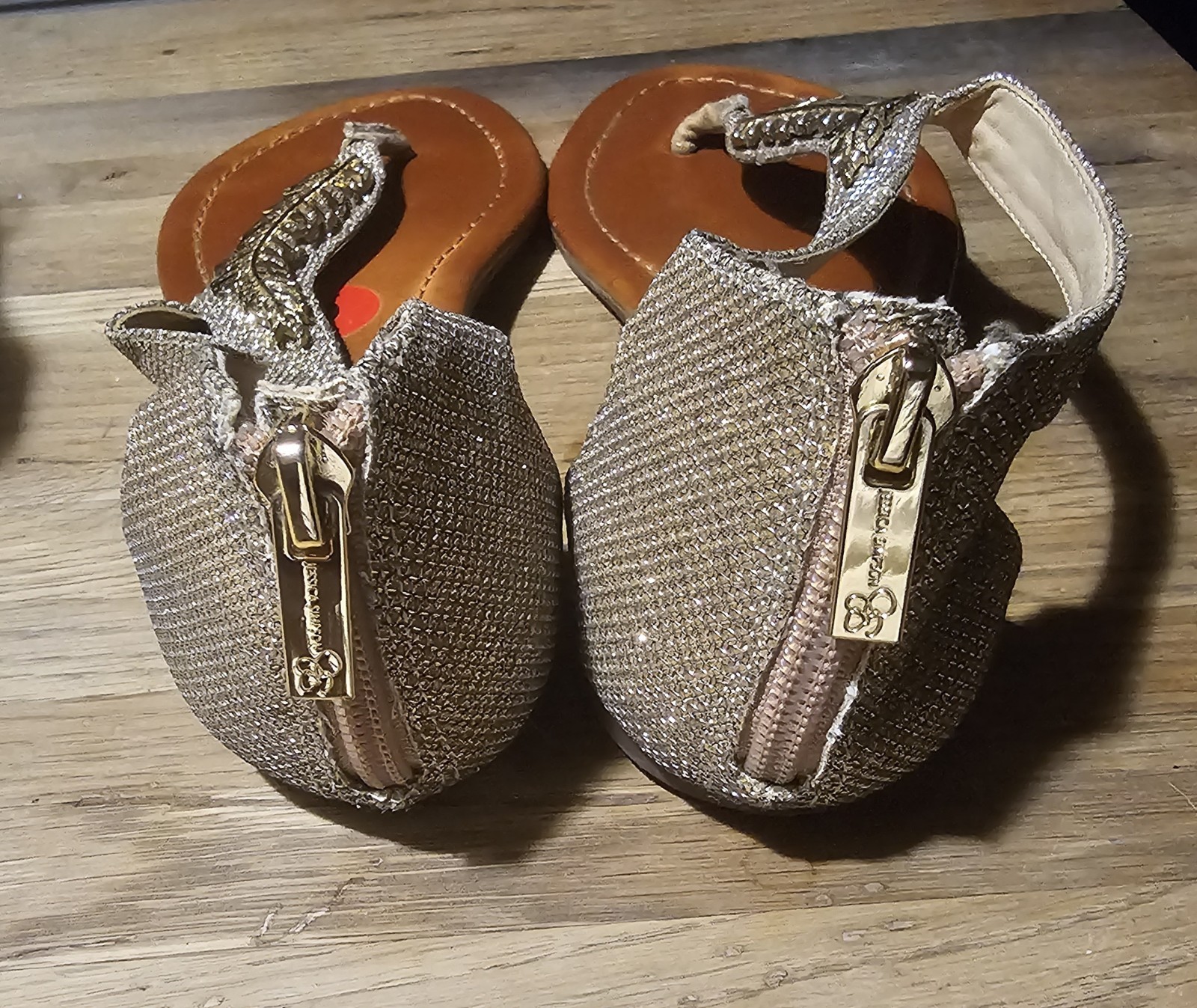 Jessica Simpson Gold/Sparkle, Feather Hardware Flats, Thong, Zip Back, Sz. 6