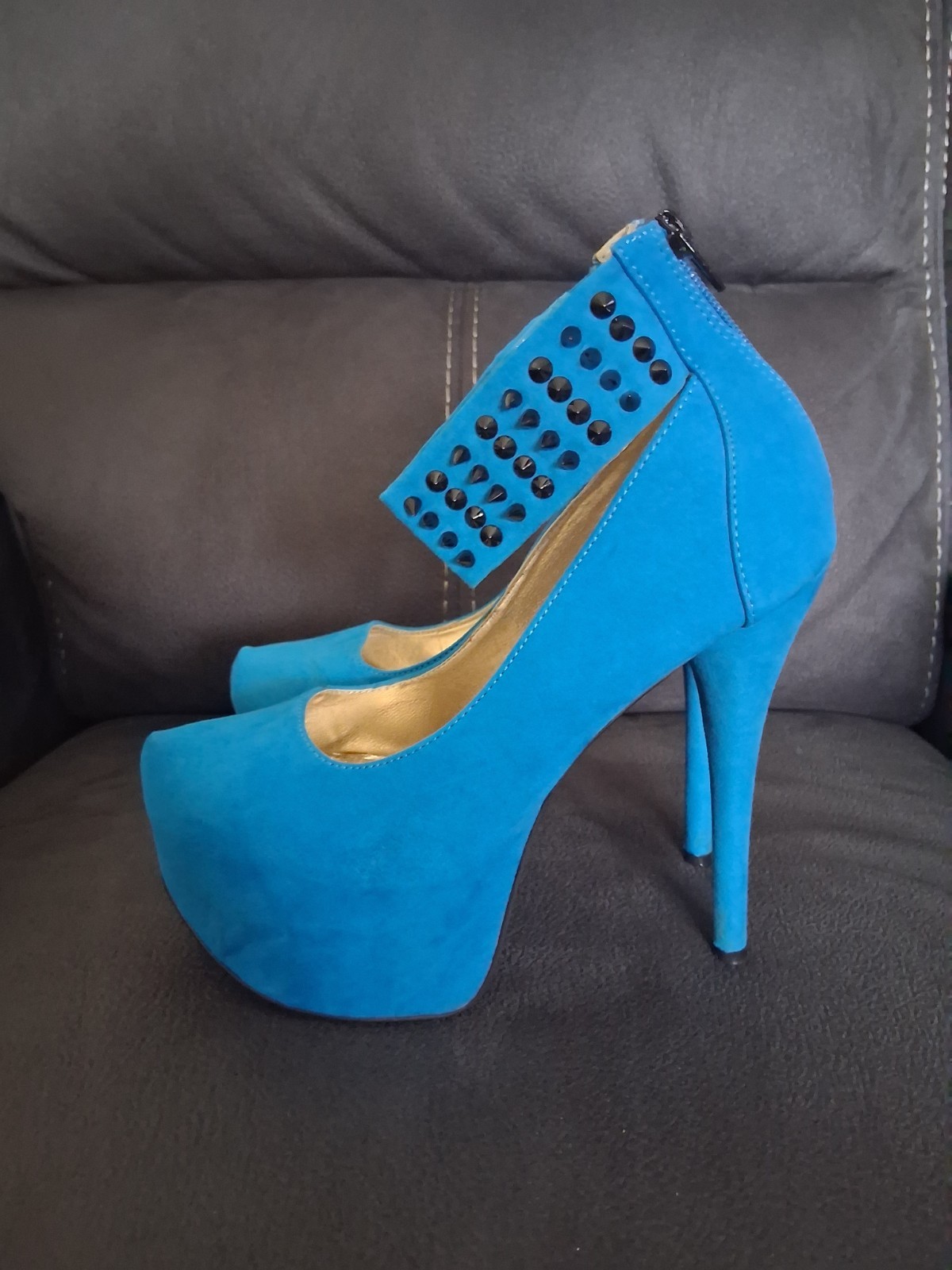 Baker’s Blue Suede Studded Zipper Platform Stiletto Round Toe Heels Women