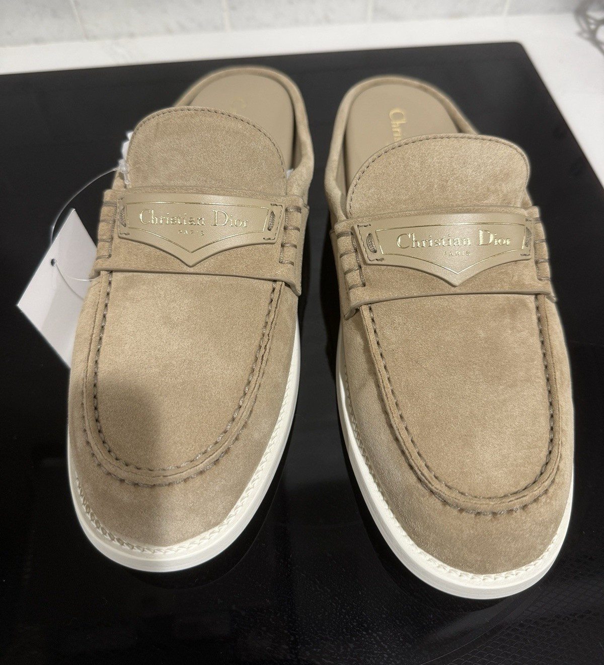 Dior Women’s Beige Suede Slip-On Flats US 7 EU 37 Round Toe Logo New Box