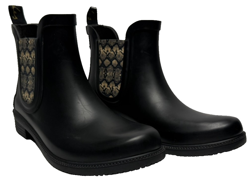 Joules Rutland rubber ankle rain Boots in black with a snakeskin pattern size 6