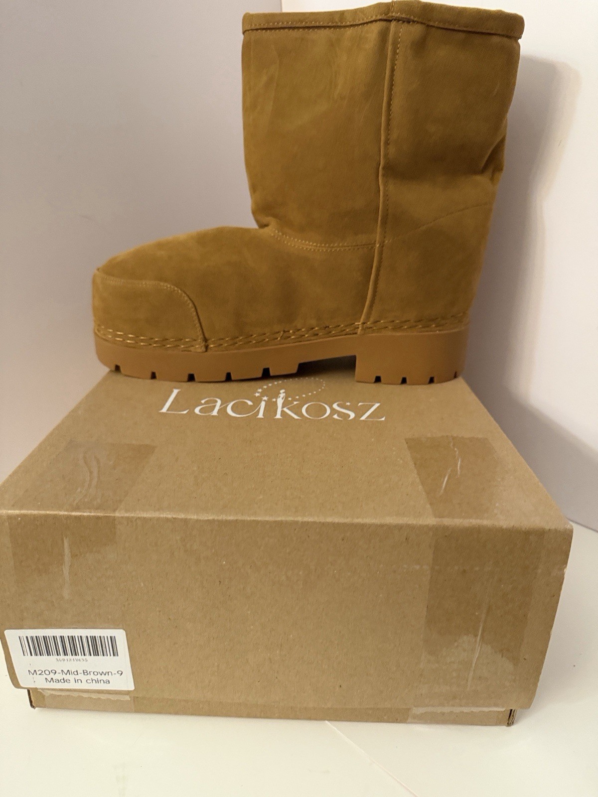 Lacikosz Women’s Mid-Calf Snow Boots Brown Suede Faux Fur Lined Pull On US 9