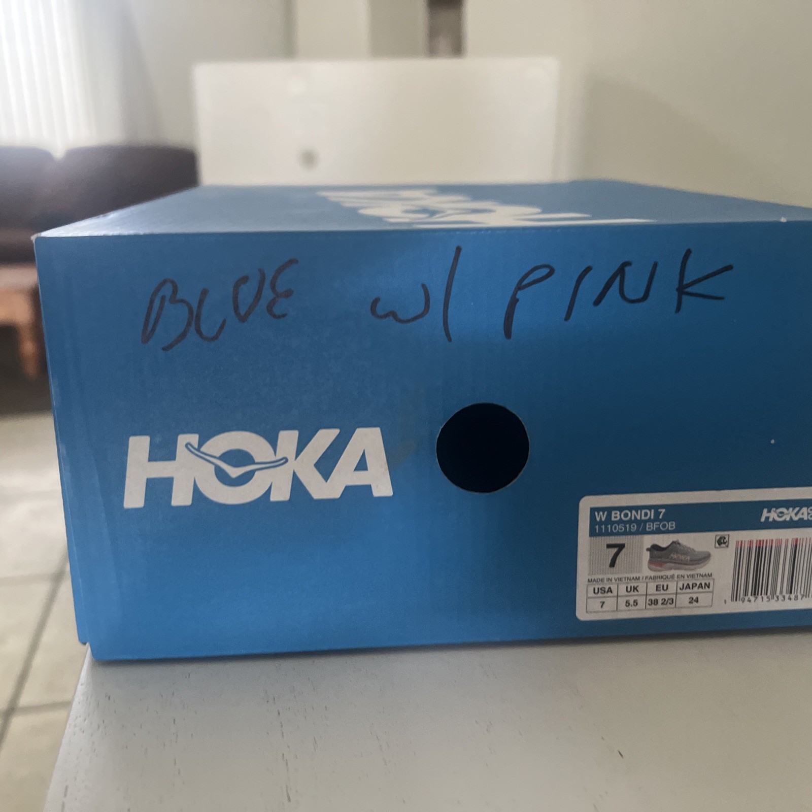 Hoka One One Bondi 7 Women’s Running Shoes Blue Fog Rose Gold Max Cushion Sz 7