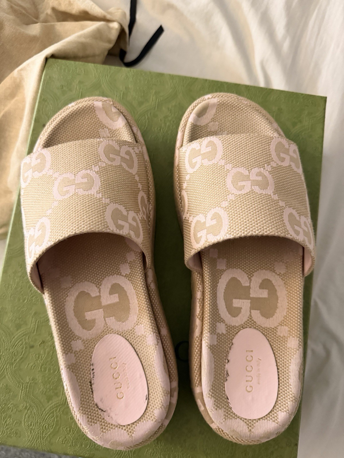 Gucci GG Logo Canvas Platform Slide Sandals Beige Pink Women’s EU 40