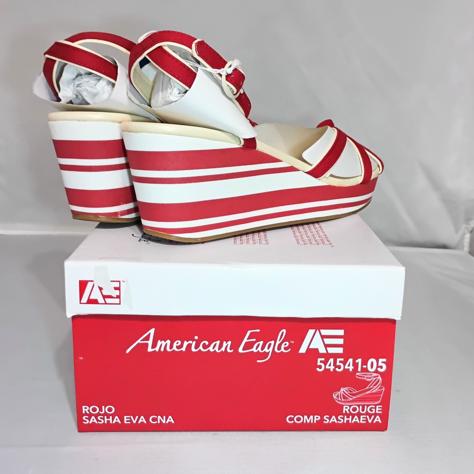 American Eagle 8 M Red White Sasha Eva Wedge Heel Stripe Strappy Shoe Summer