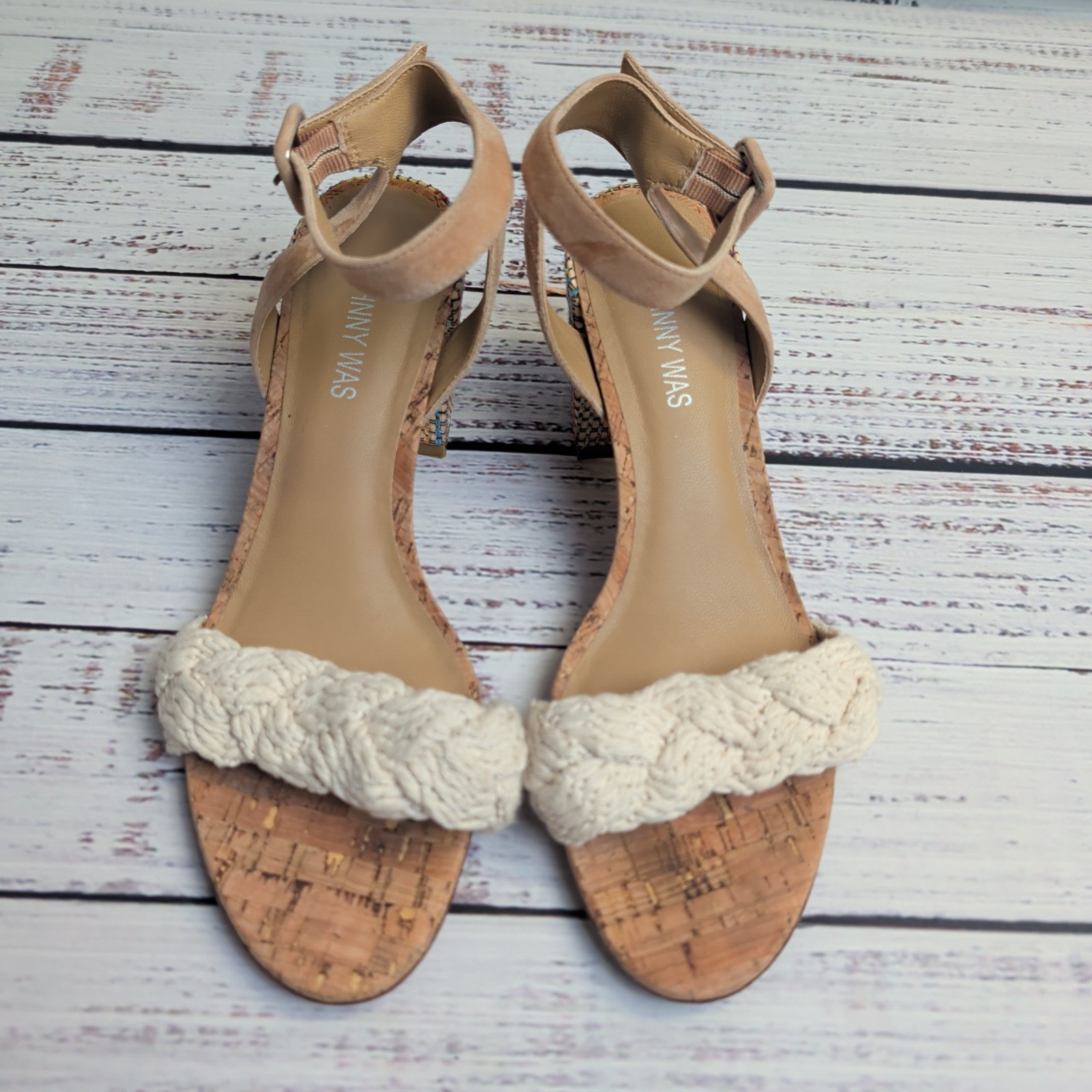 Johnny Was Women’s Braid Block Heel Multicolor Sandals Beige Suede Upper Size 8