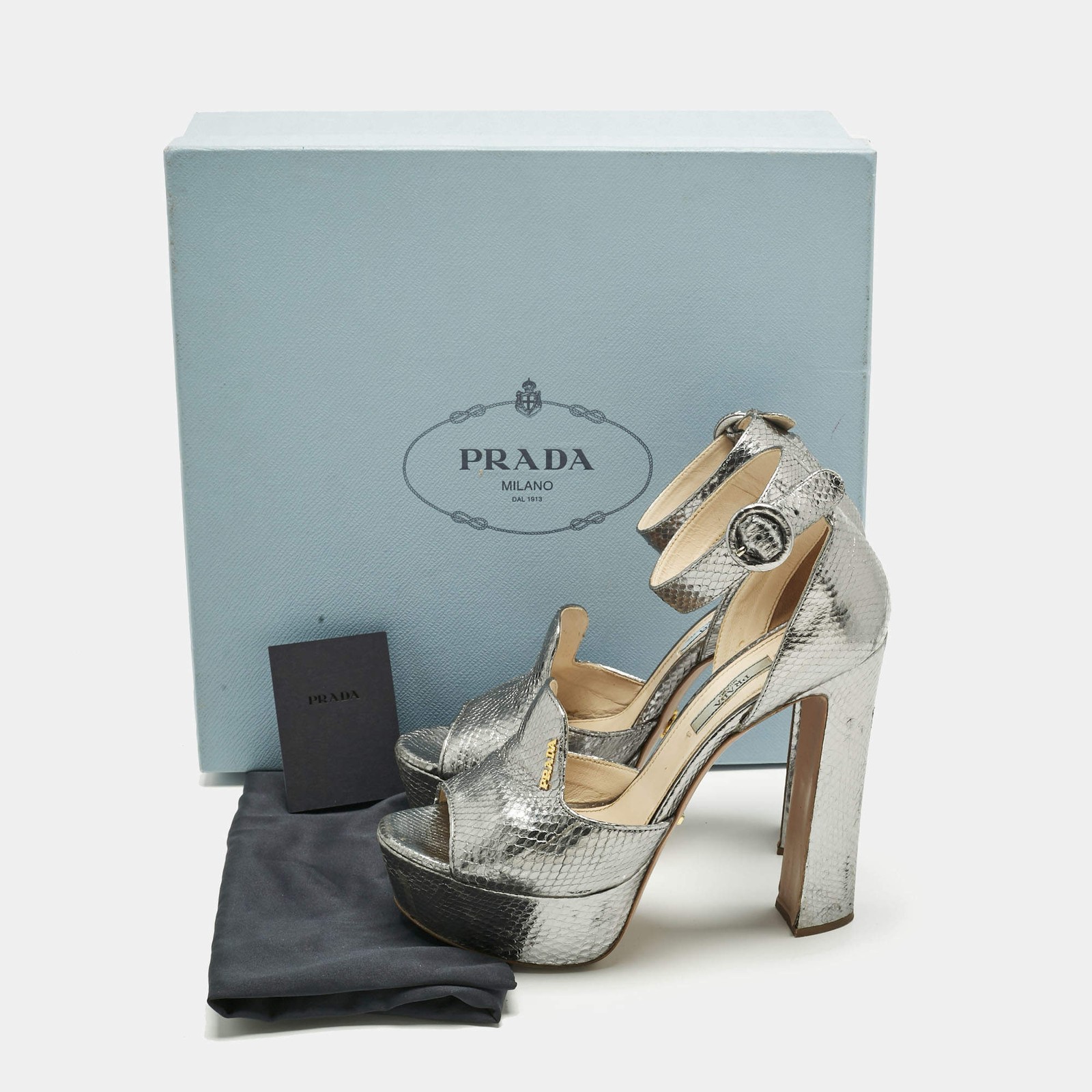 Prada Metallic Silver Python Embossed Leather Ankle Strap Platform Sandals Size